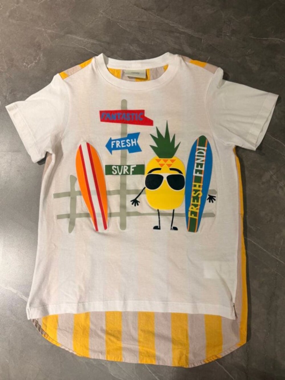 New Fendi Kids White Tee with Colorful Pineapple Surfboard Graphic - 100% Auth